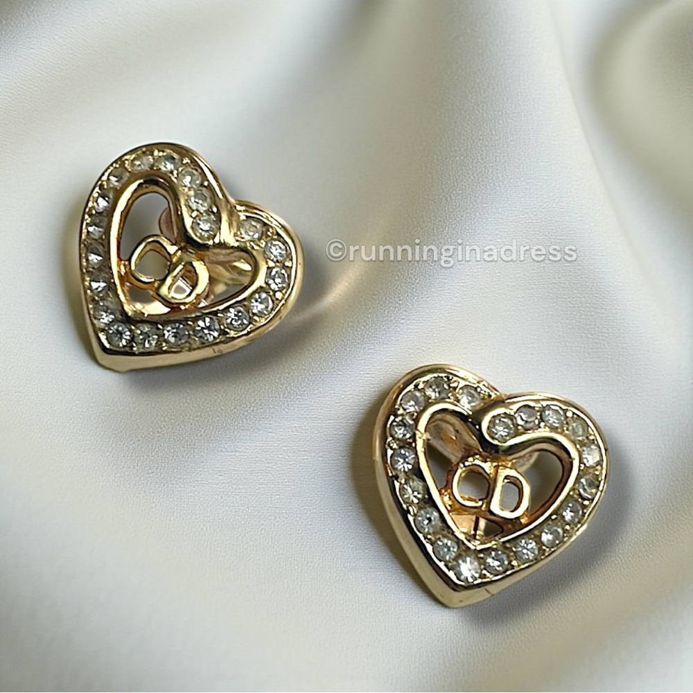 Vintage Christian Dior Gold CD Heart Crystal Earrings With Original Packaging - Picture 11 of 13